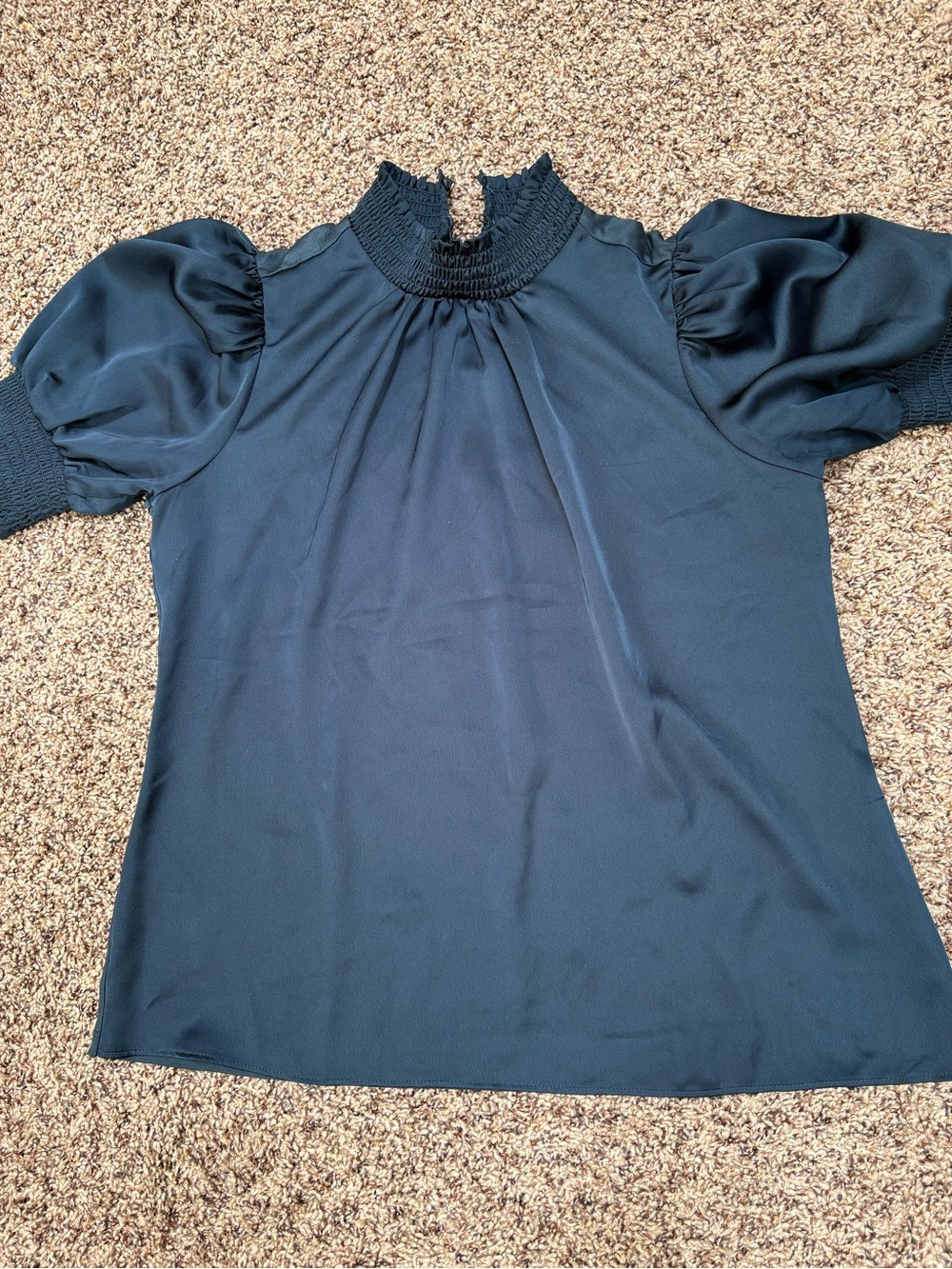 Ann Taylor Navy Smocked Neck Puff Sleeve Blouse